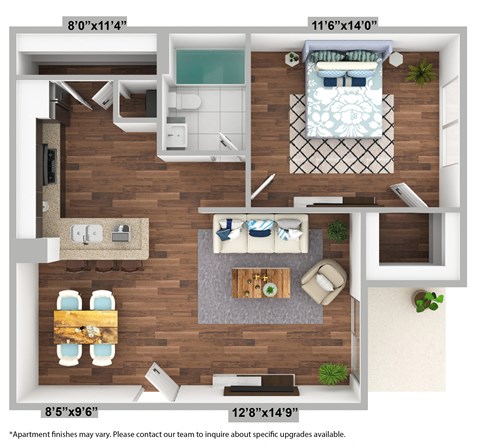 Floor plan for 1 bed, 1 bath, 735 sqft